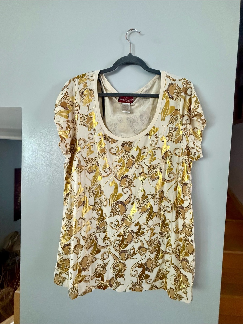 Vintage Y2K Baby Phat Metallic Gold Foil Cat Logo Tee - Size 3XL